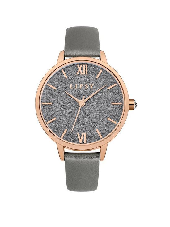 front image of lipsy-grey-pu-strap-watch-with-grey-glitter-dial