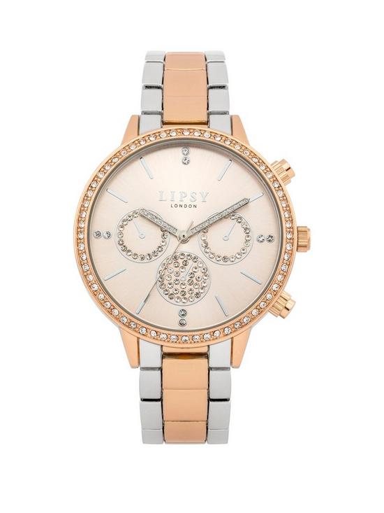 front image of lipsy-silver-and-rose-gold-metal-bracelet-watch-with-silver-dial
