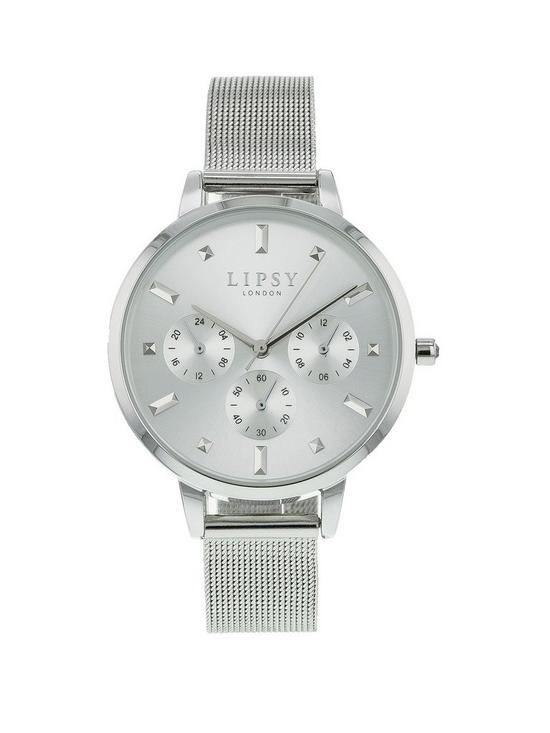 front image of lipsy-silver-mesh-strap-watch-with-silver-dial
