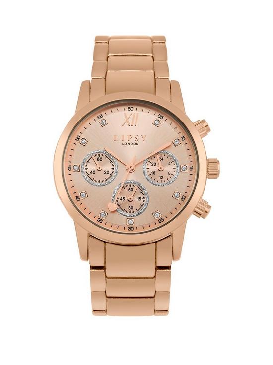front image of lipsy-rose-gold-bracelet-watch-with-rose-gold-dial