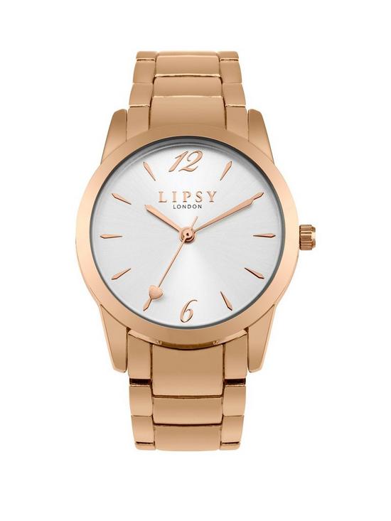 front image of lipsy-rose-gold-metal-bracelet-watch-with-silver-dial