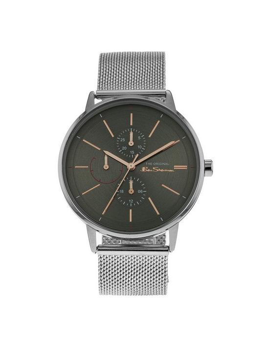 front image of ben-sherman-silver-mesh-strap-watch-with-grey-dial