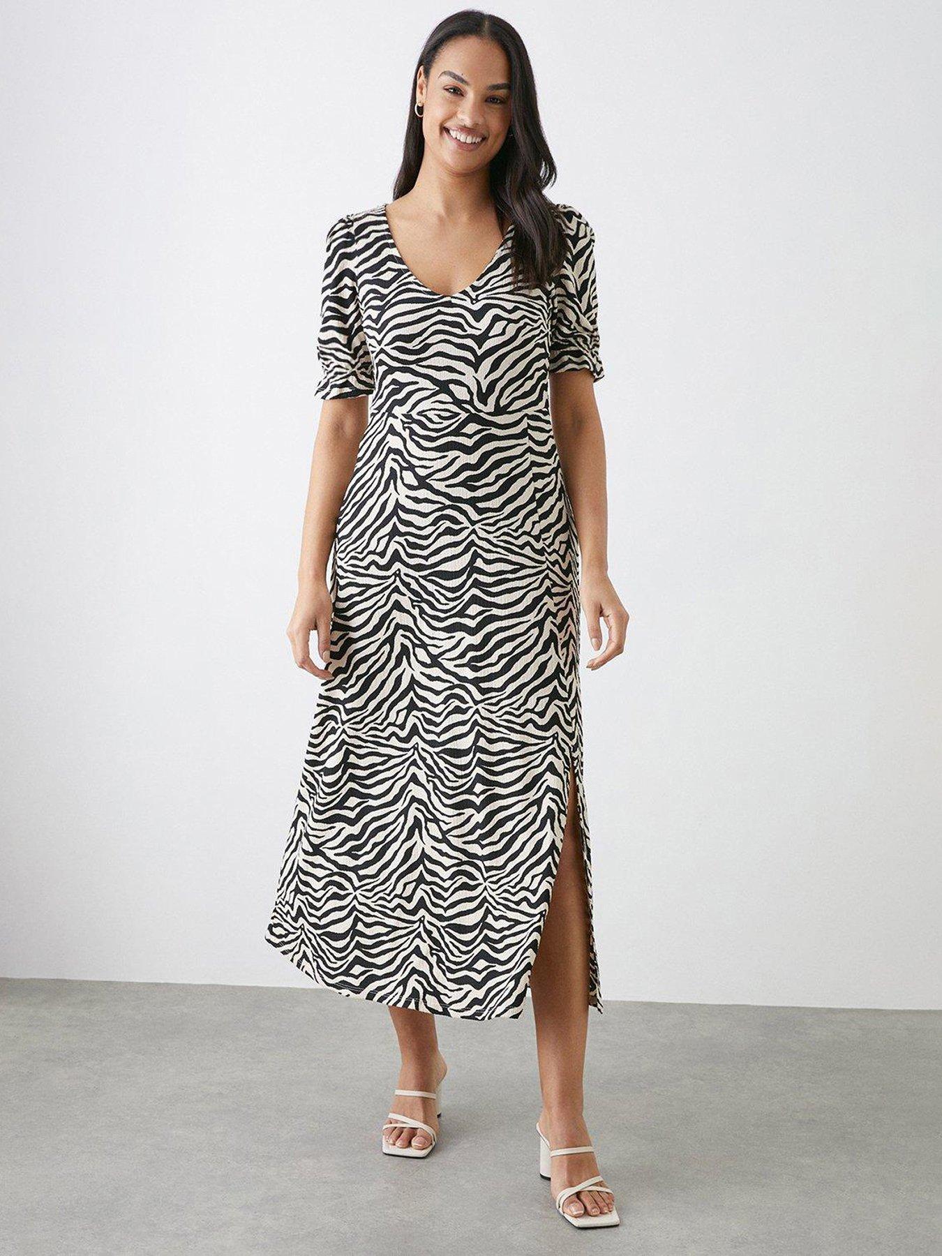 Dorothy Perkins Zebra Print V Neck Midi Dress Black littlewoods