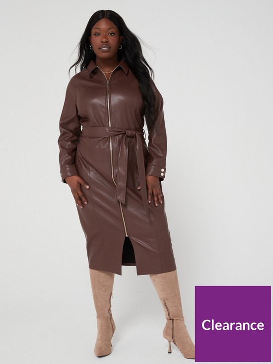 front image of v-by-very-curve-pu-belted-zip-midi-dress-brown