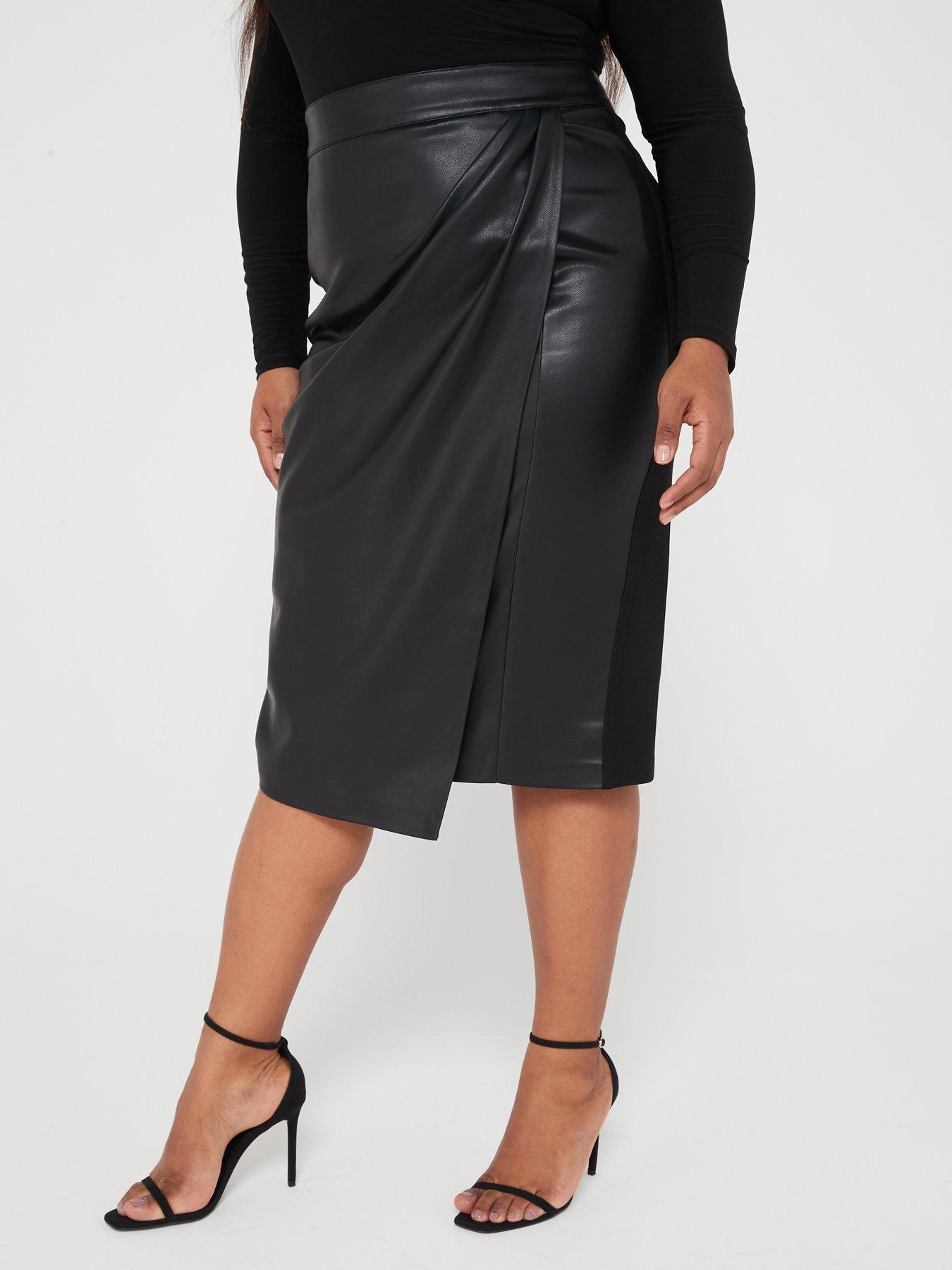 Ponte Panelled Faux Leather Midi Skirt Black