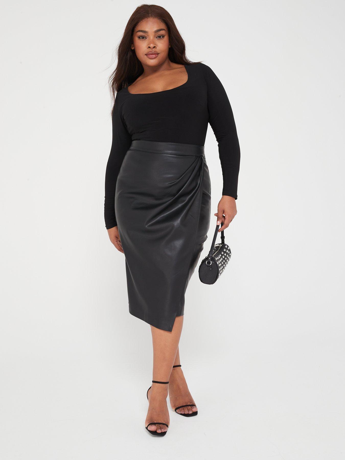 V by Very Curve Ponte Panelled Faux Leather Midi Skirt Black littlewoods