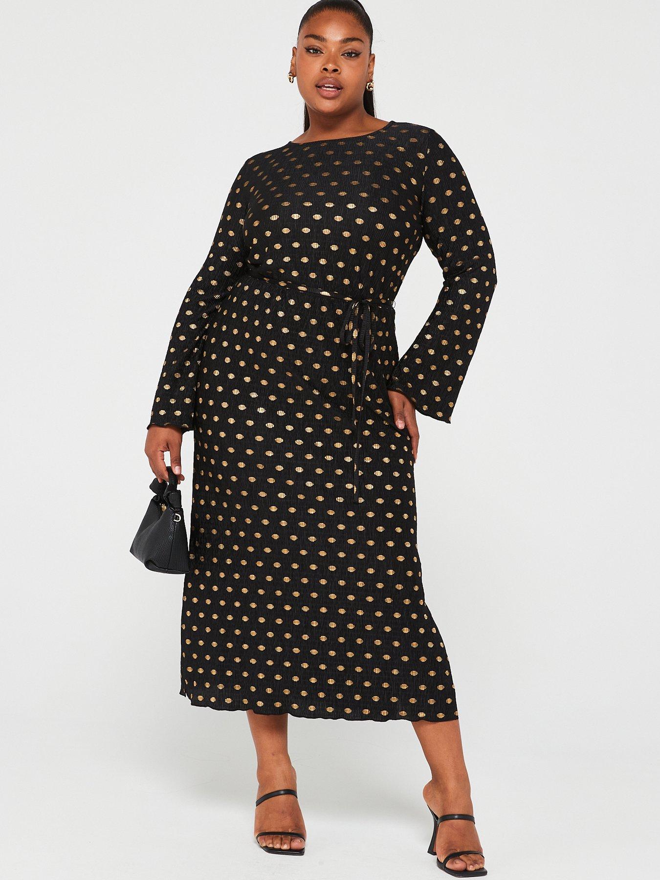 V by Very Curve Polka Dot Foil Plisse Long Sleeve Dress - Black