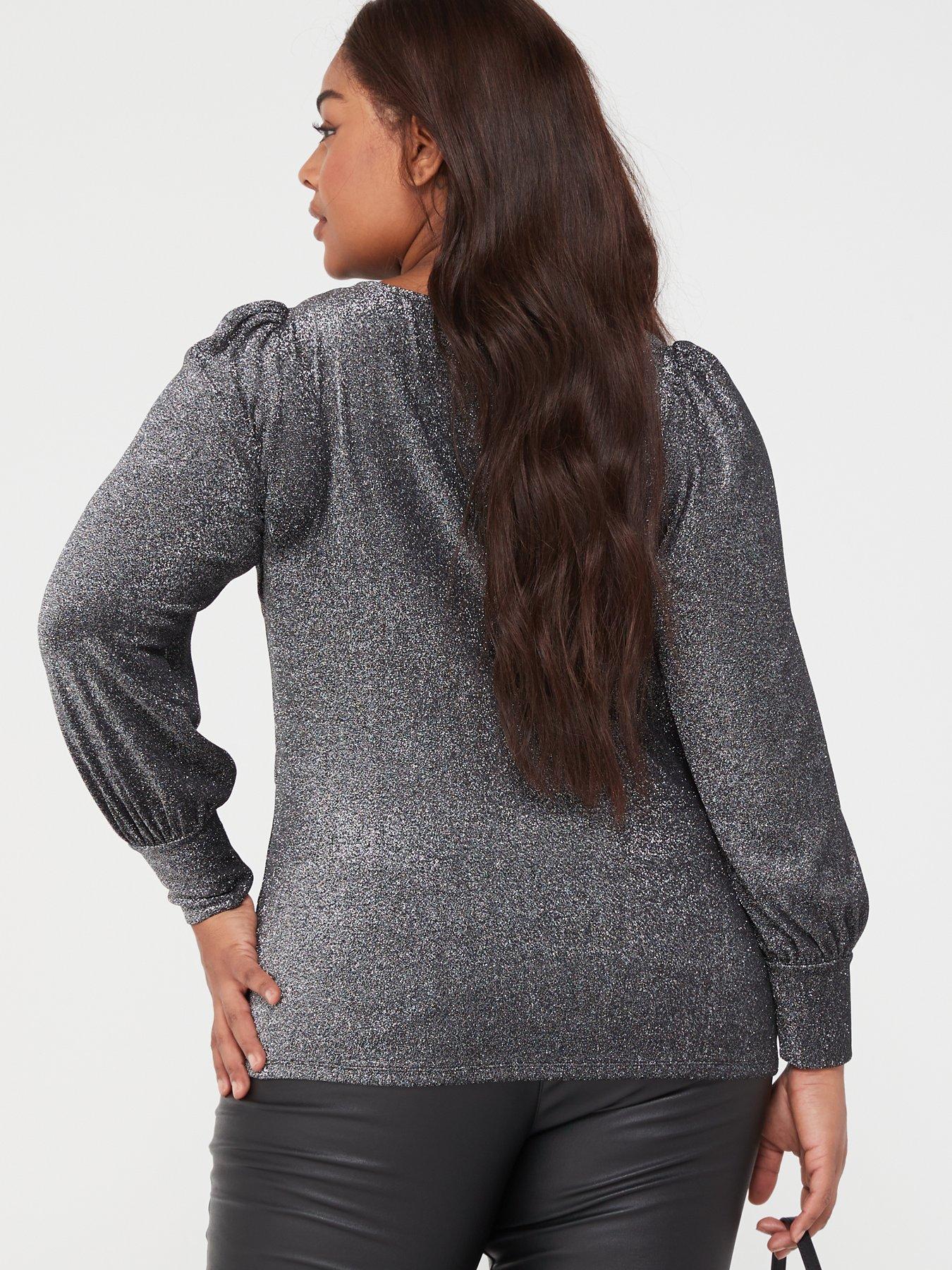 Lurex Long Sleeve Peplum Top - Grey