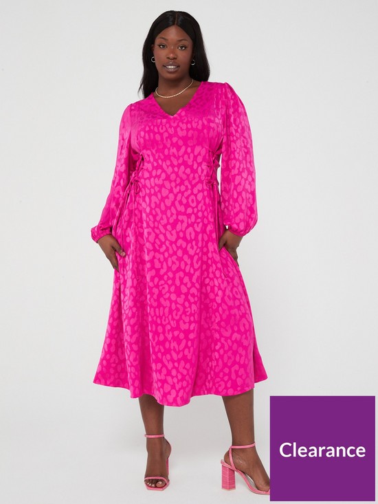 front image of v-by-very-curve-animal-jacquard-lace-up-long-sleeve-midi-dress-pink
