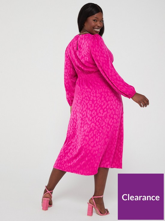 stillFront image of v-by-very-curve-animal-jacquard-lace-up-long-sleeve-midi-dress-pink
