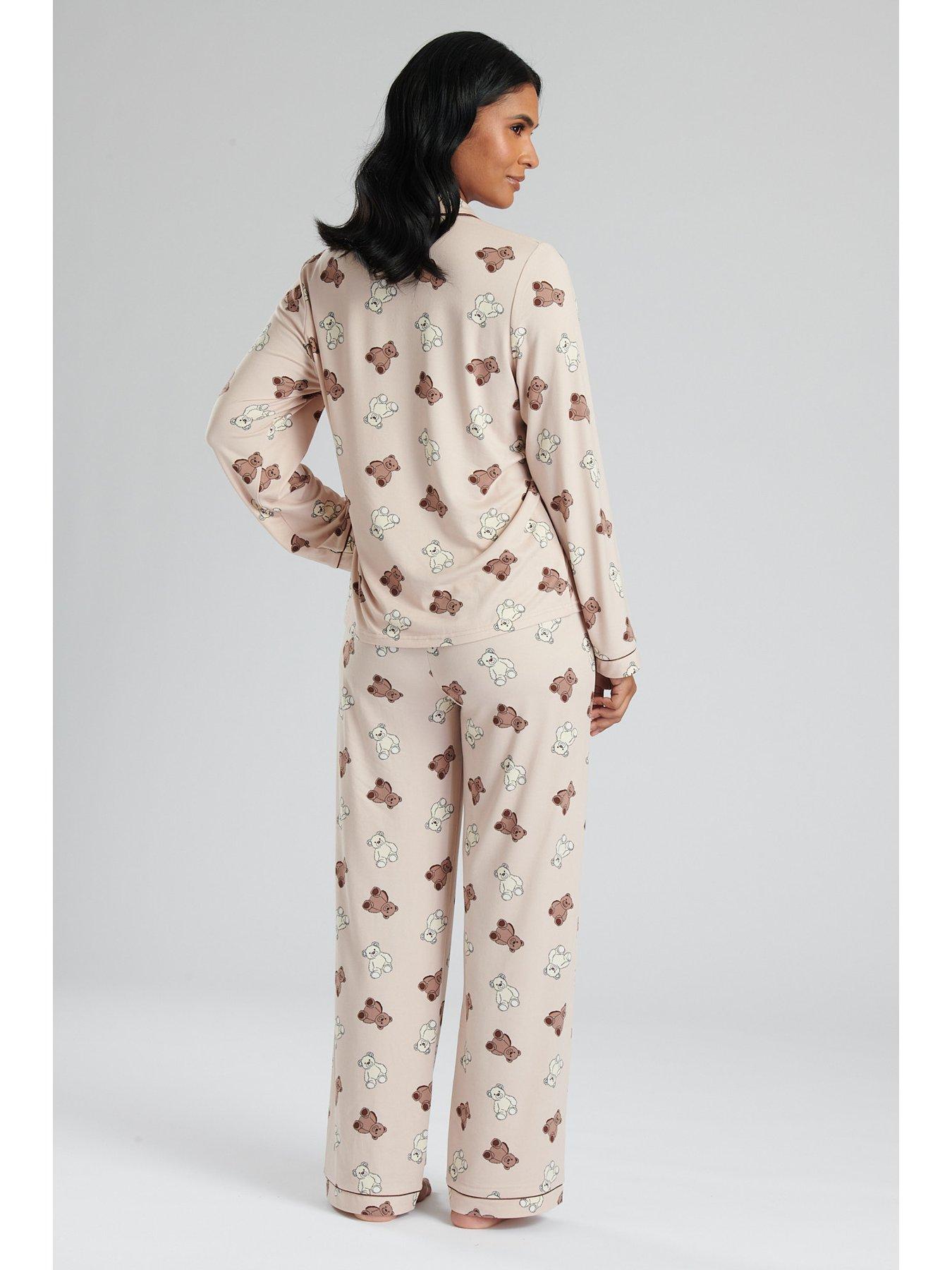 Teddy Bear Long Sleeve Button Shirt And Trouser Pyjama Set - Beige