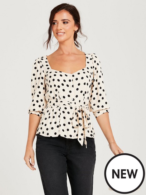 lucy-mecklenburgh-printed-sweetheart-tie-waist-polka-dot-blouse-spot