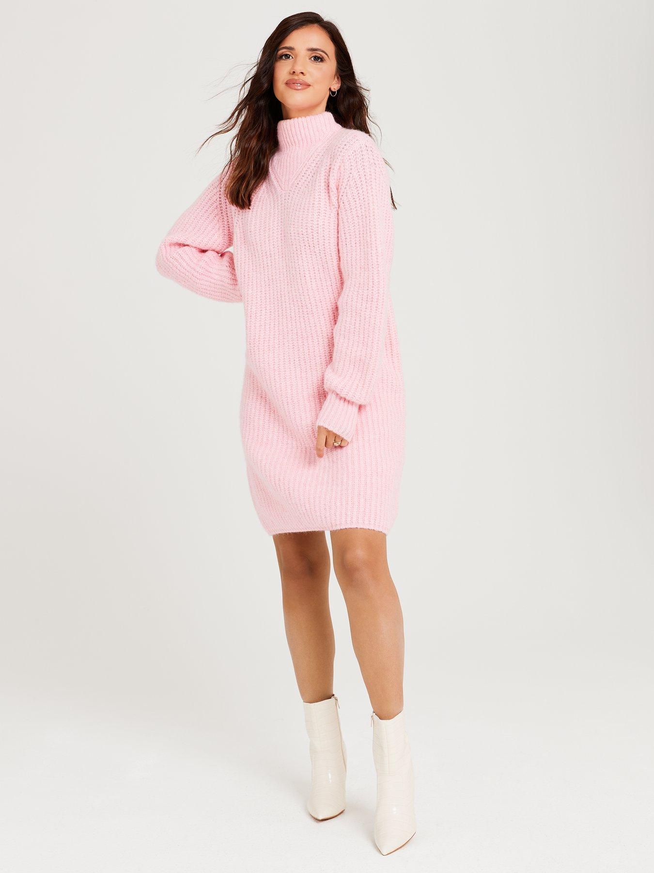 x V by Very High Neck Loose Jumper Dress Pink