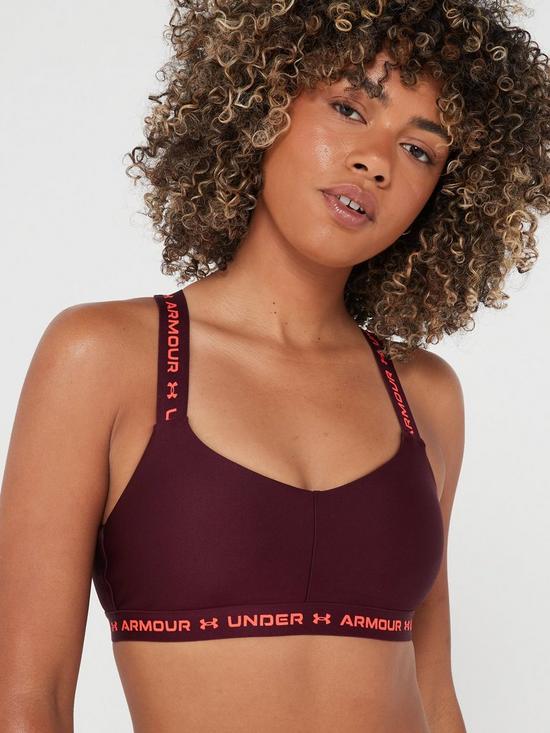 front image of under-armour-training-heat-gear-armour-low-support-crossback-sports-bra-dark-red