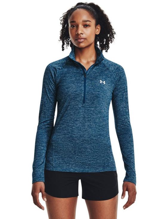front image of under-armour-womens-training-tech-12-zip-long-sleeve-top-blue