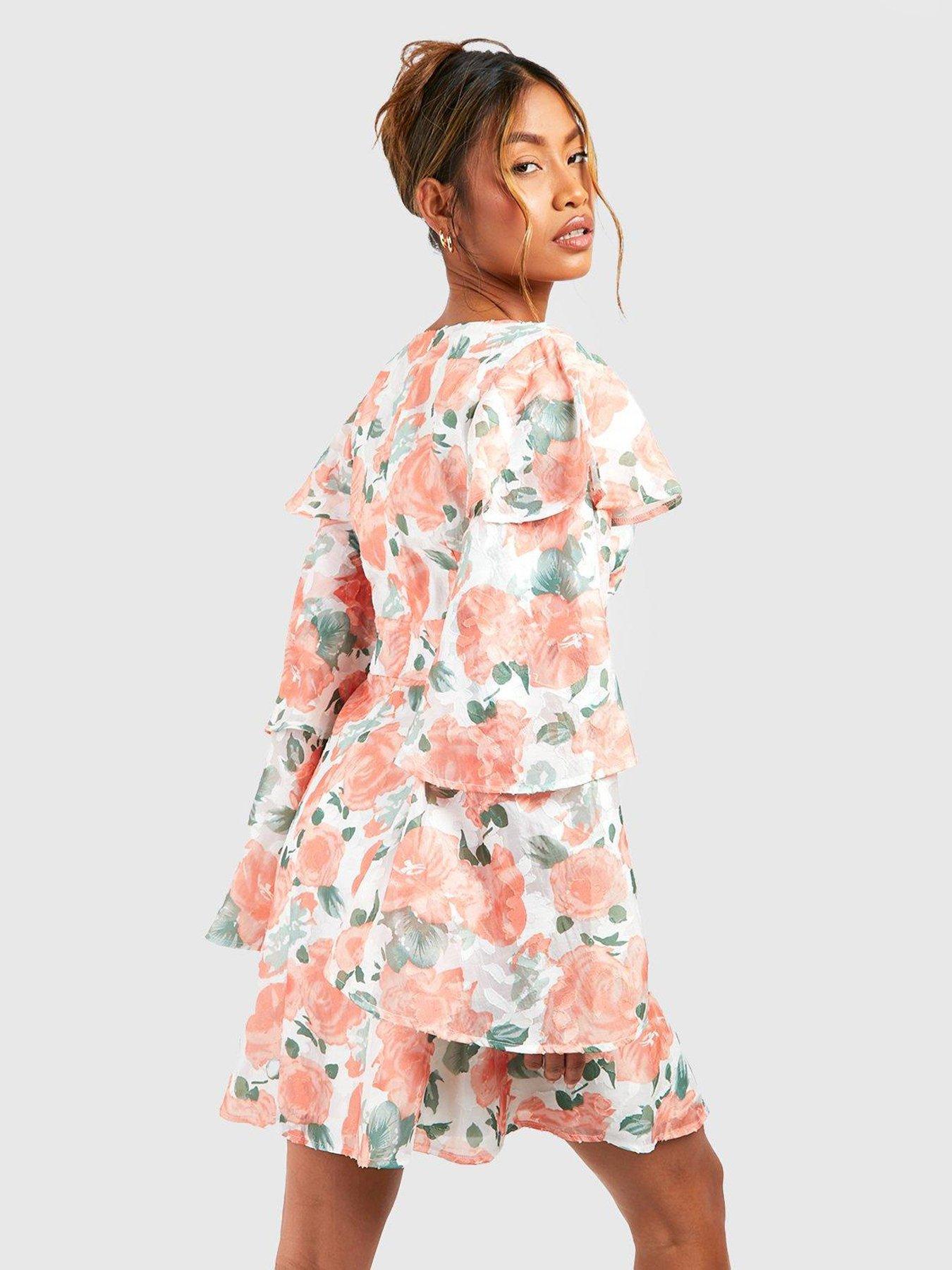  image of boohoo-floral-chiffon-frill-sleeve-skater-dress-coral