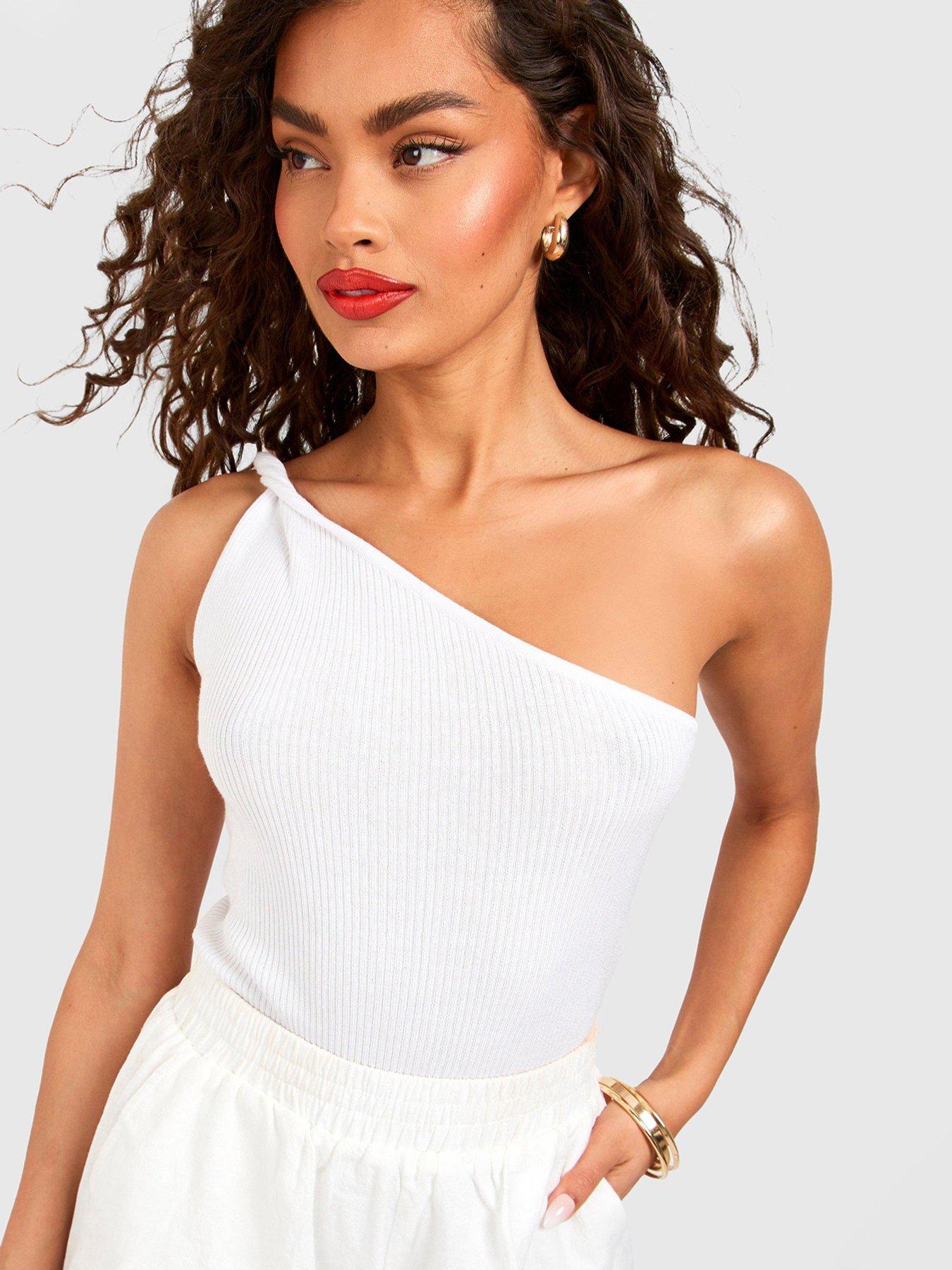  image of boohoo-twist-shoulder-one-sleeve-rib-knit-bodysuit-white