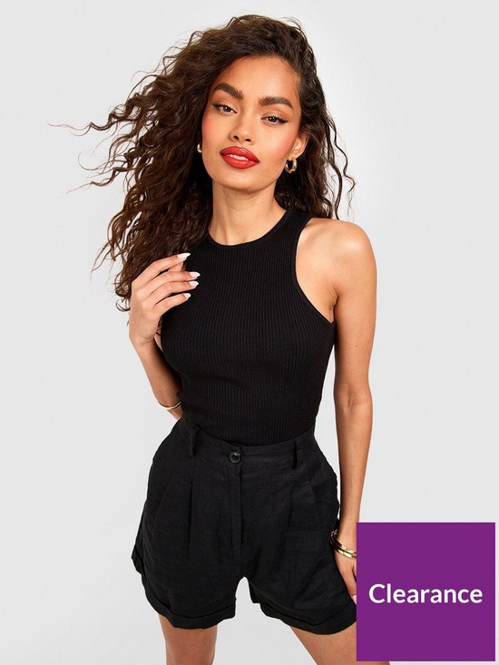 front image of boohoo-racer-neck-rib-knit-crop-top-black
