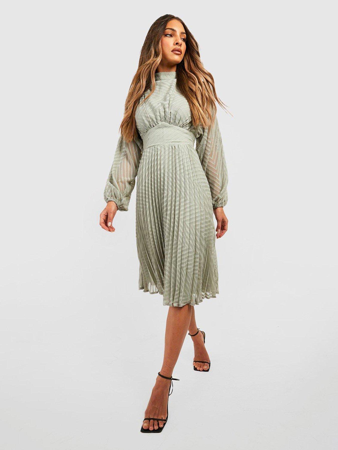 Boohoo Dobby Pleated High Neck Midi Dress - Sage