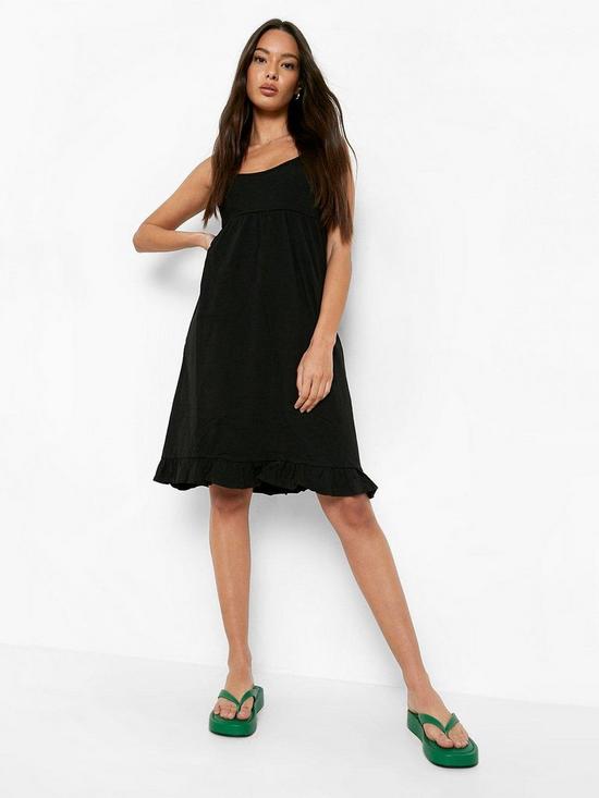 front image of boohoo-strappy-tiered-smock-dress-black