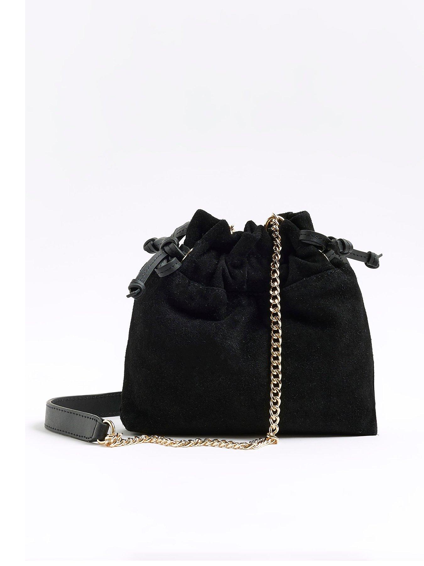 Drawstring Suede Cross Body Bag Black