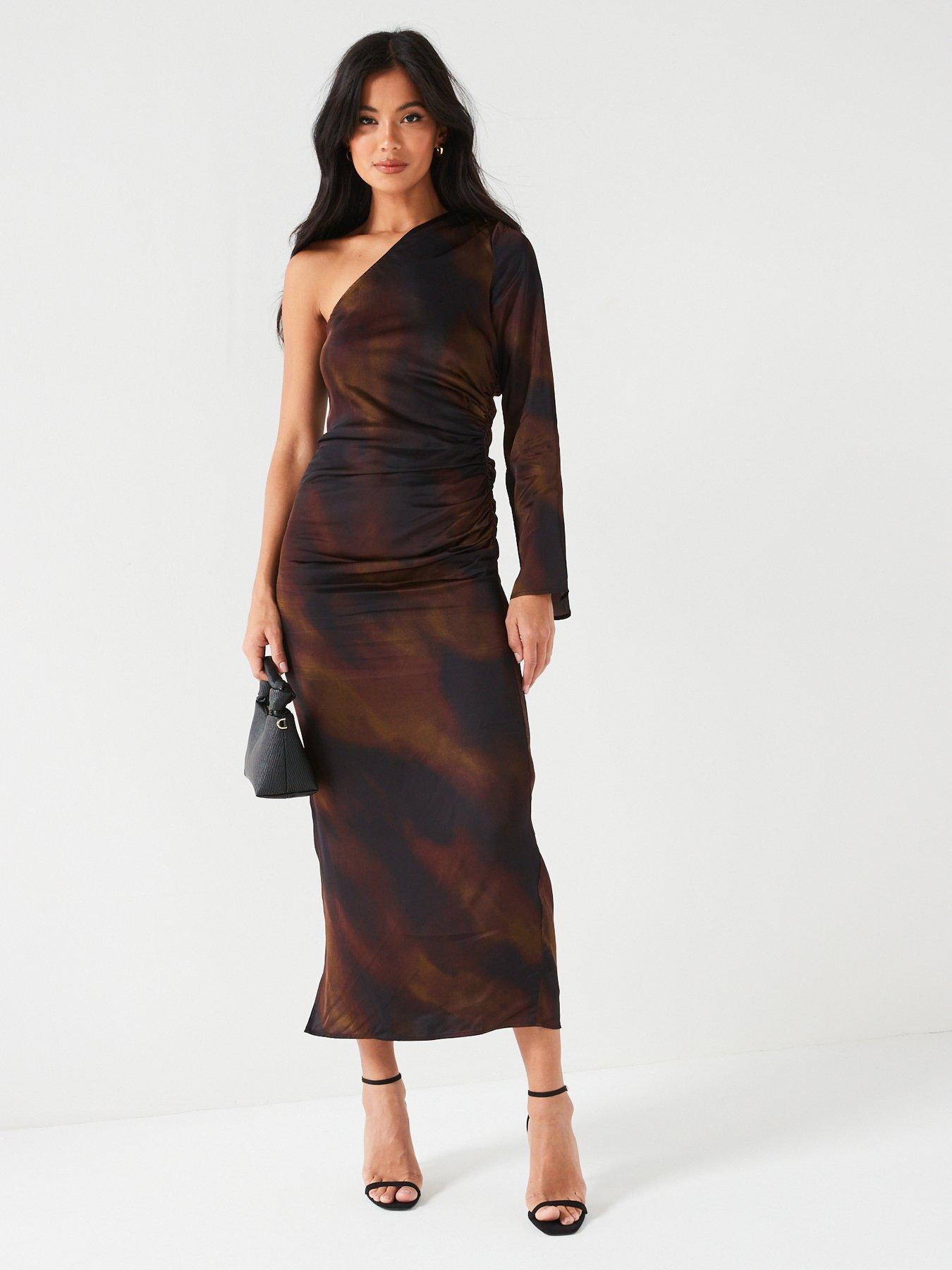 V by Very One Shoulder Ruched Satin Ombre Midi Dress - Brown