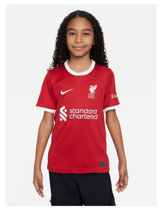 front image of nike-liverpool-fc-junior-home-2324-short-sleeved-shirt-red