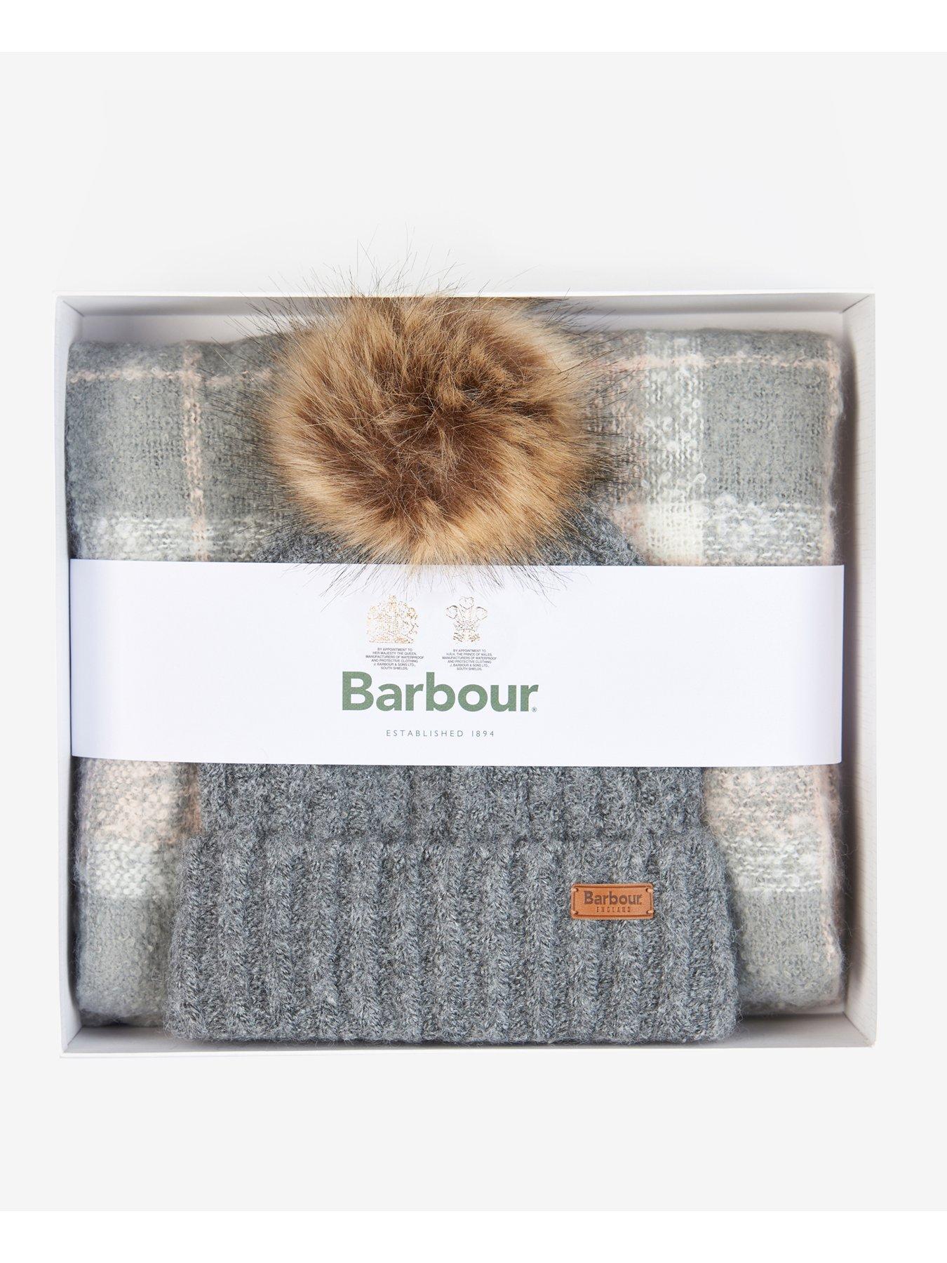  image of barbour-saltburn-beanie-amp-tartan-scarf-set-grey-rose