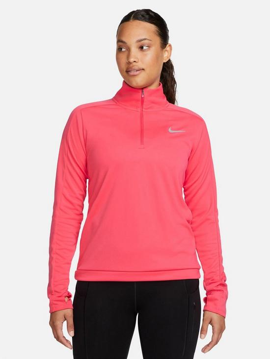front image of nike-dri-fit-pacer-womens-14-zip-pullover-top-bright-orange