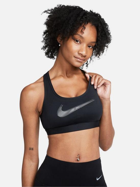 front image of nike-swoosh-medium-support-womens-sports-bra-black
