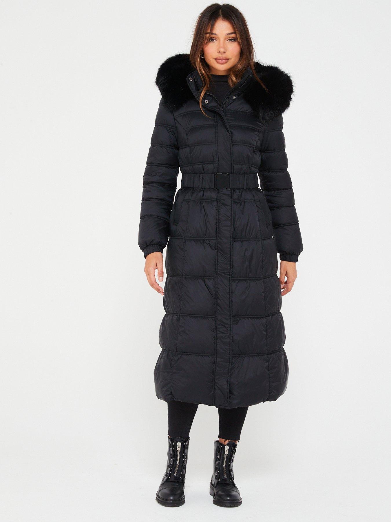 Black Longline Faux Fur Hooded Oversize Padded Coat Jacket