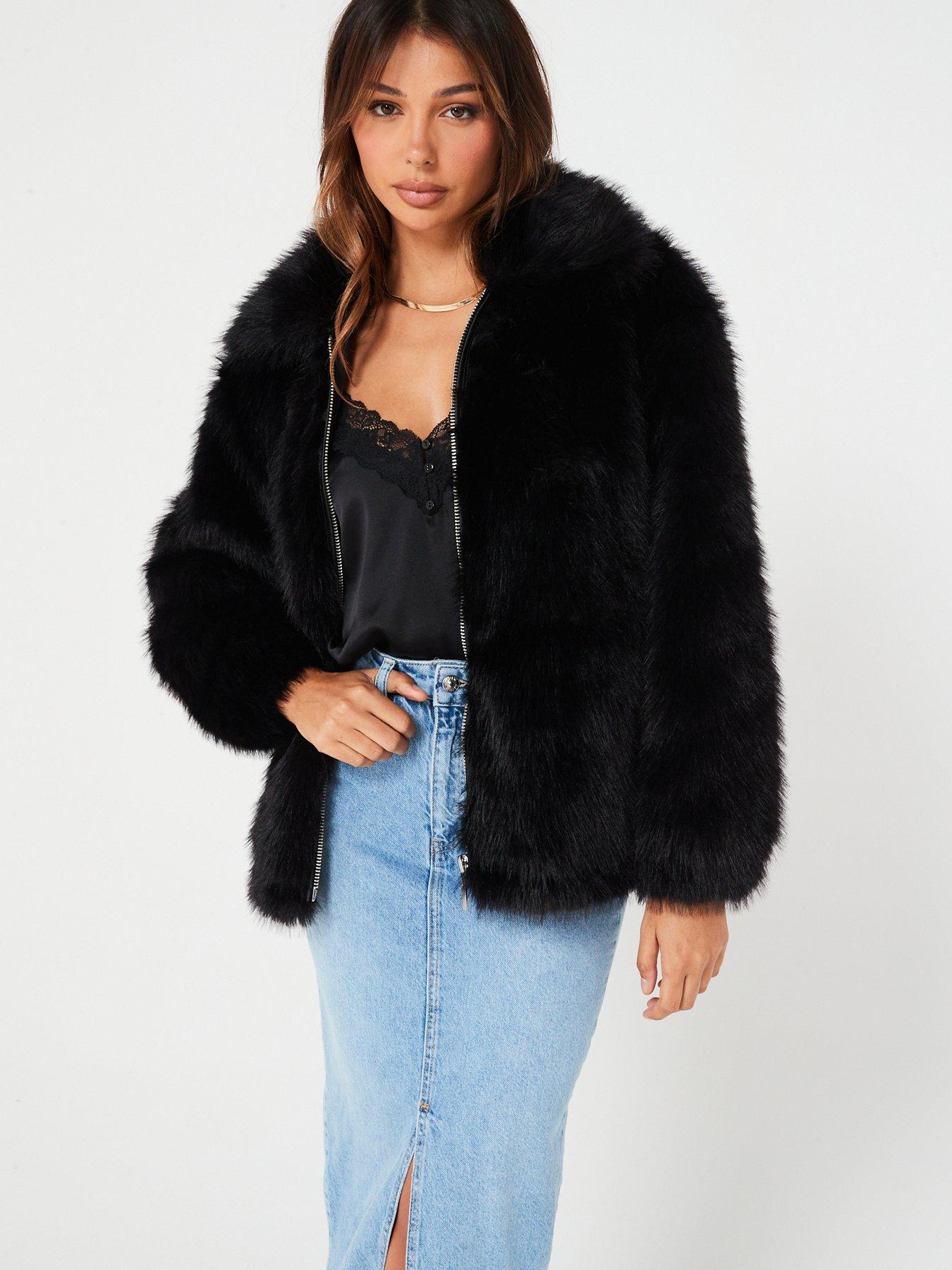 V by Very Faux Fur Jacket With Collar Black littlewoods