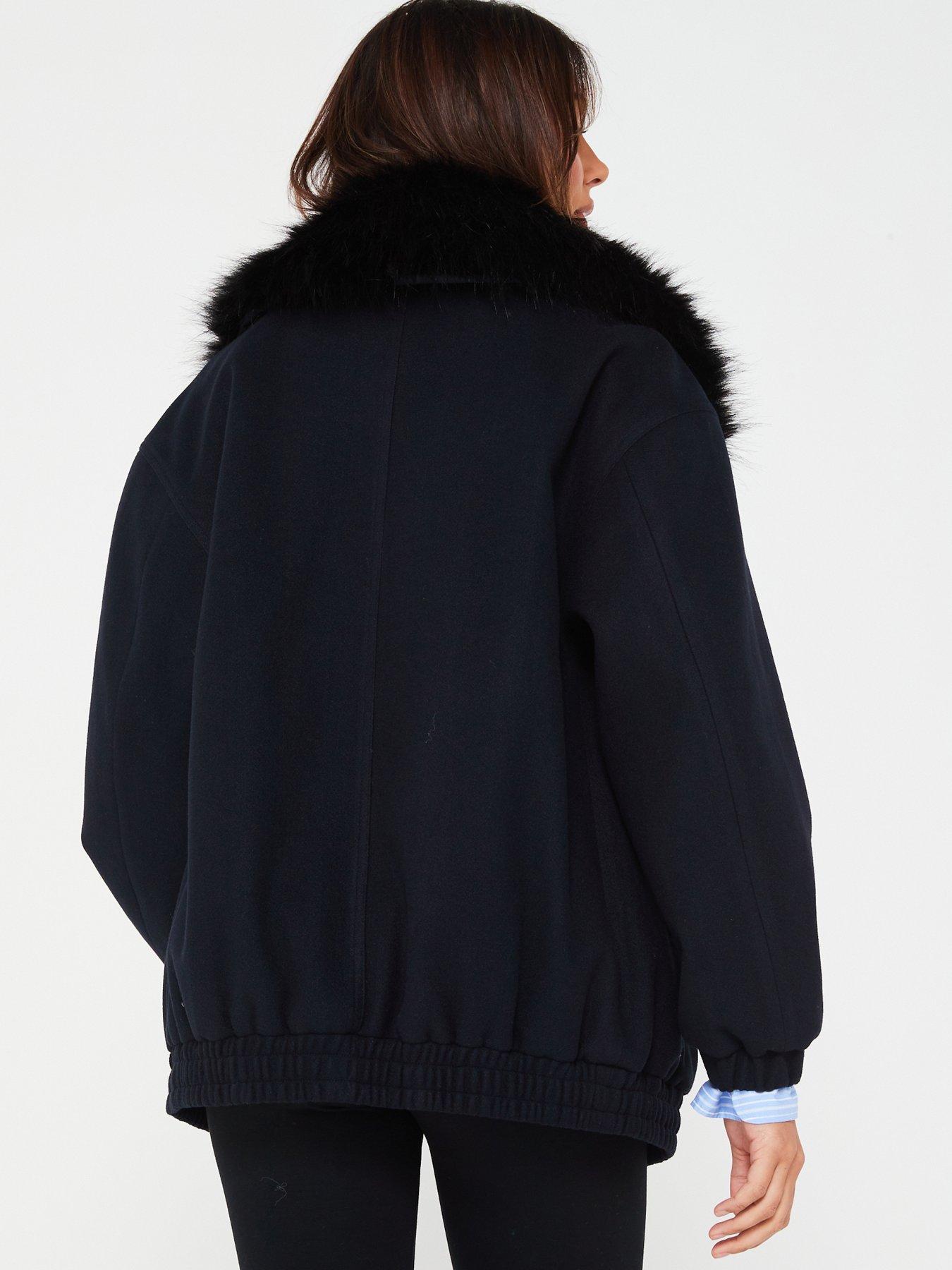 V by Very Faux Wool Bomber Jacket With Faux Fur Collar Navy