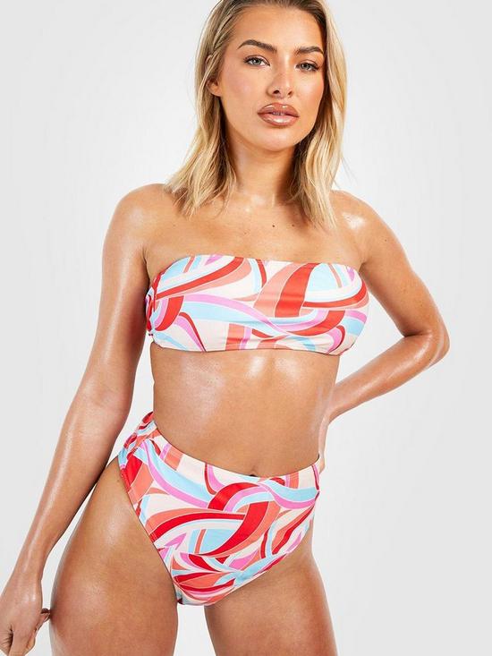 front image of boohoo-abstract-print-bandeau-high-waist-bikini-set-multi