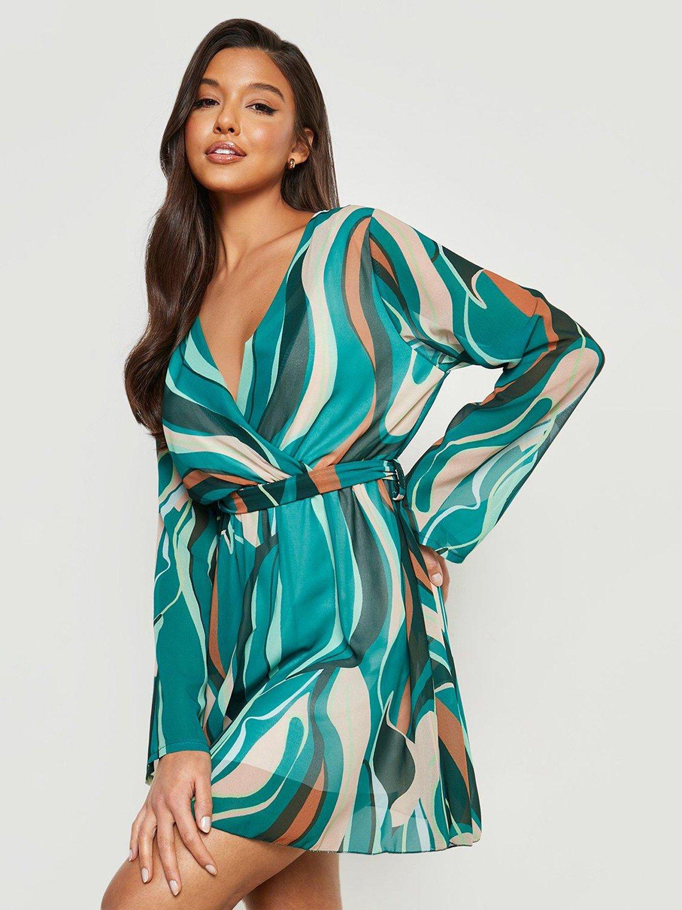 Boohoo Abstract Chiffon Belted Dress Green littlewoods