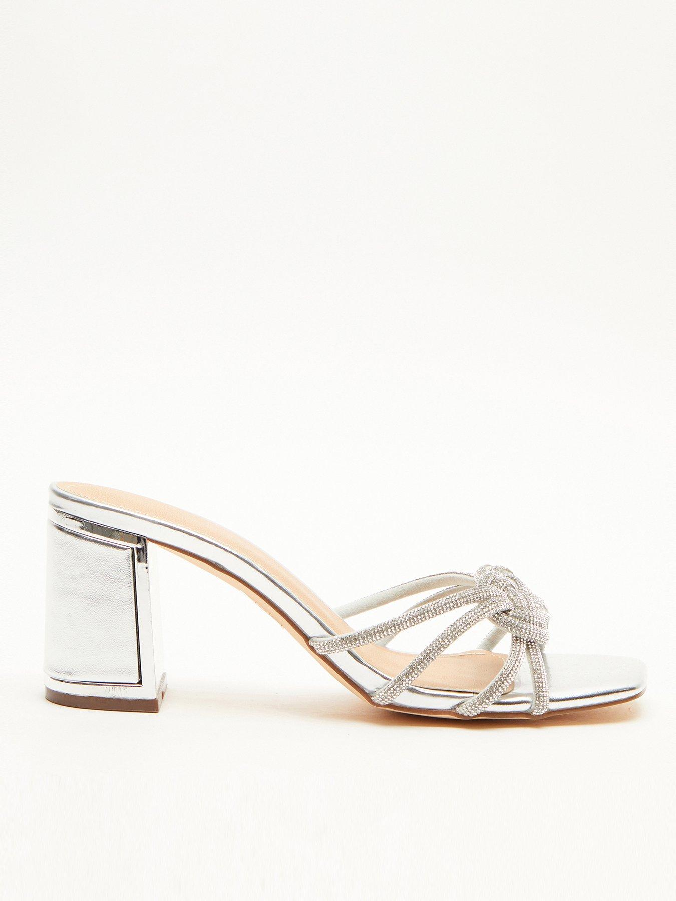 Quiz Diamante Mule Block Heels Silver littlewoods