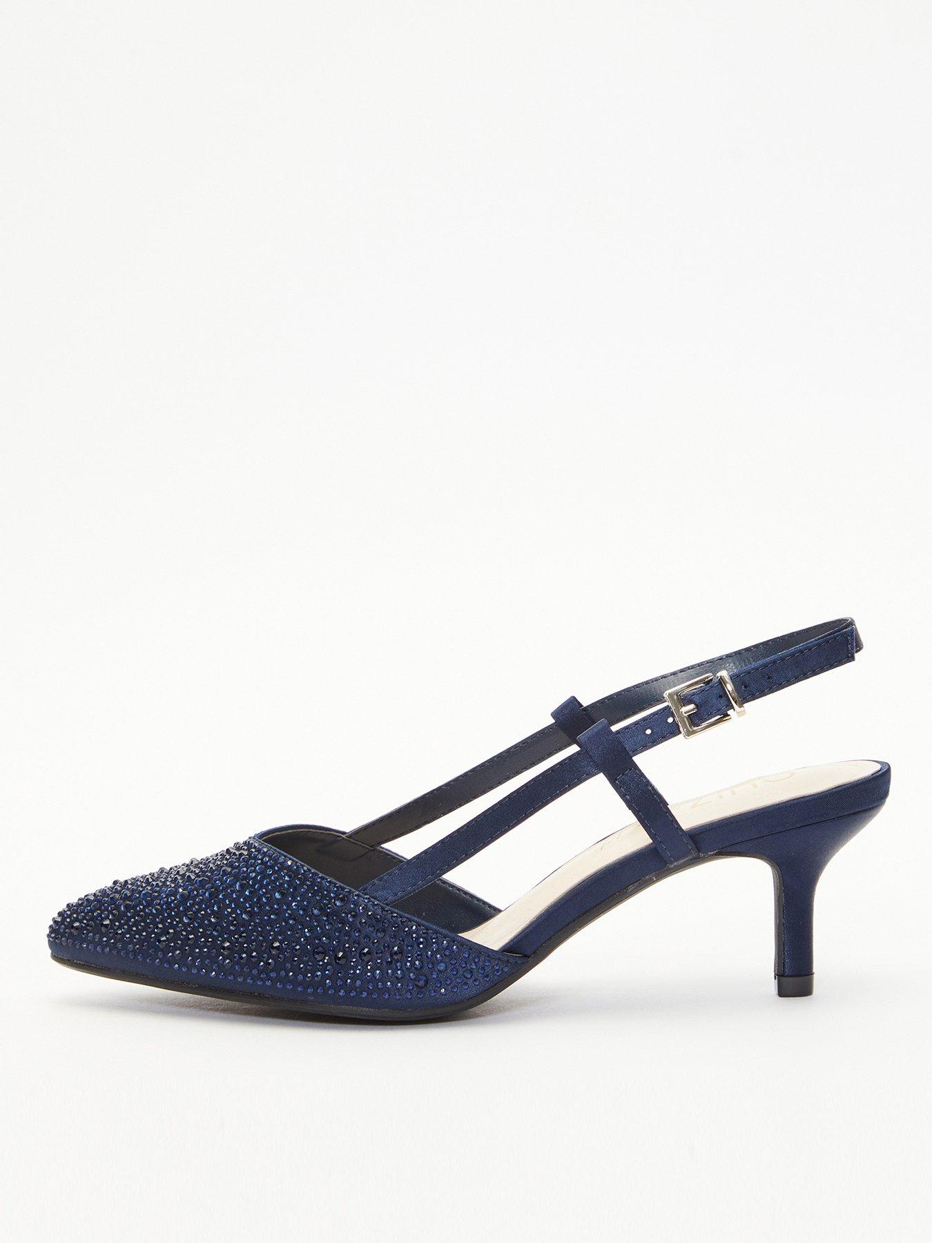 Quiz Wide Fit Satin Diamante Low Court Heels Dark Blue Littlewoods