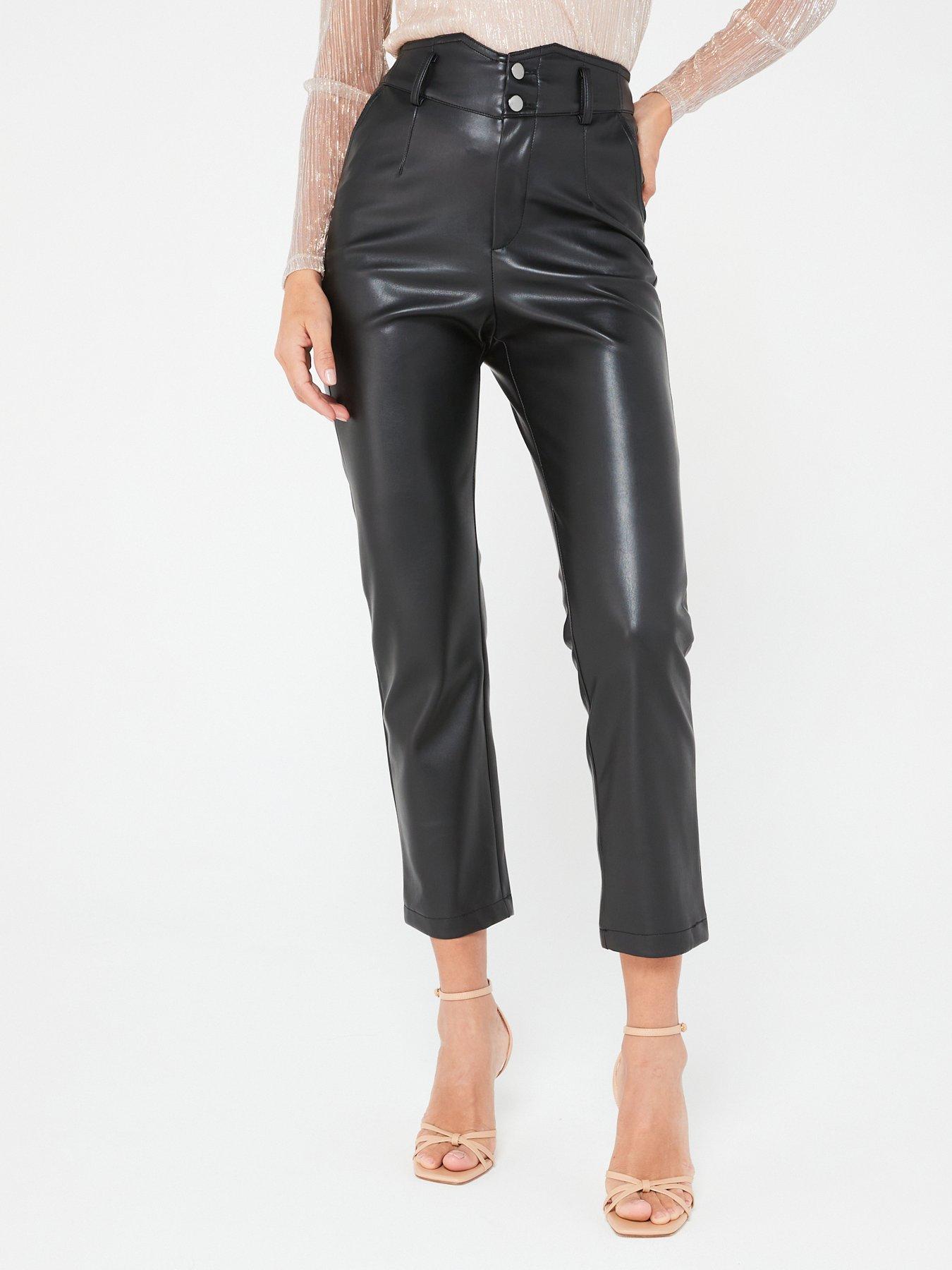 Faux Leather High Waist Ankle Grazer Trousers Black
