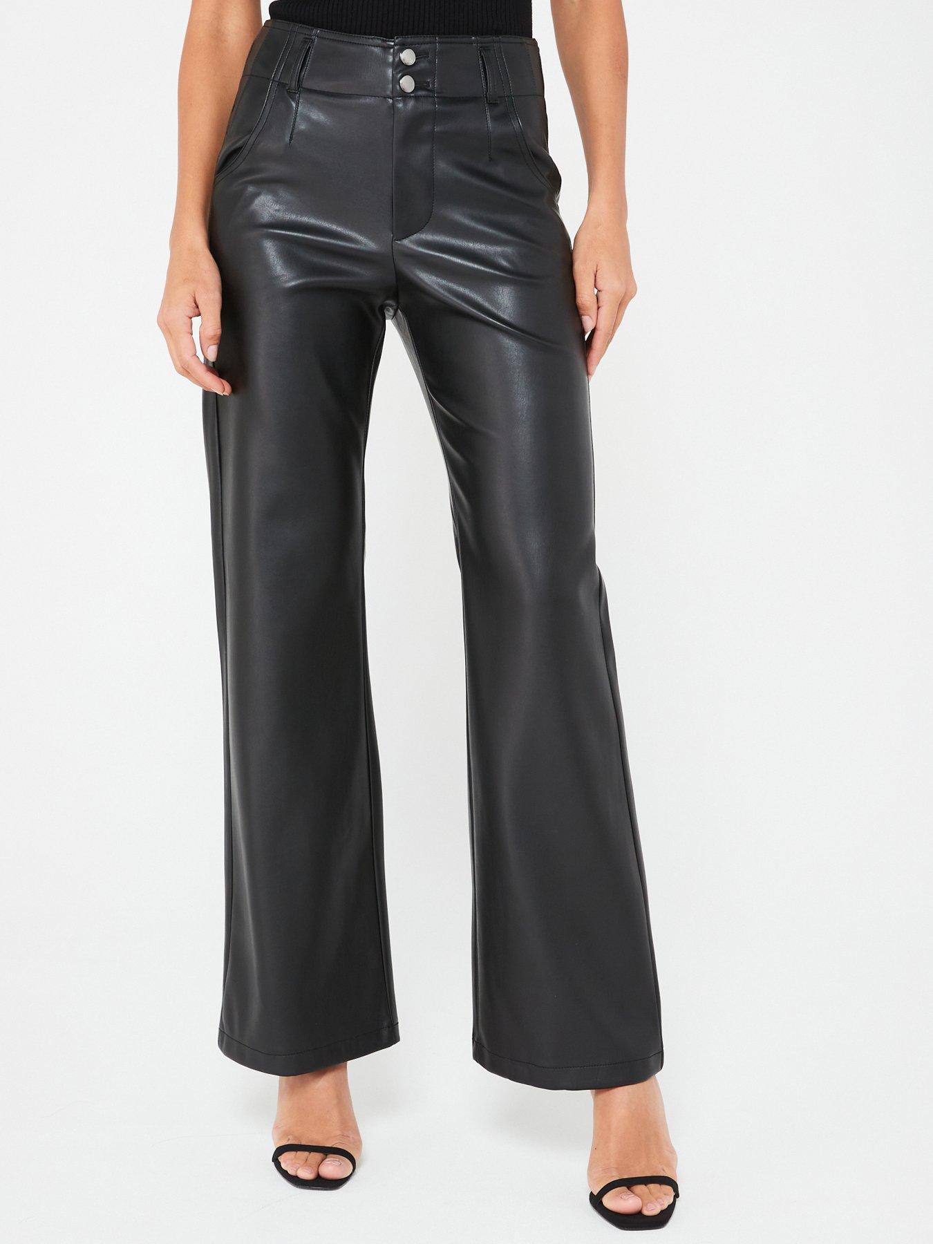 Buy Sosandar Black Zip Detail Straight Leg Leather Trousers from