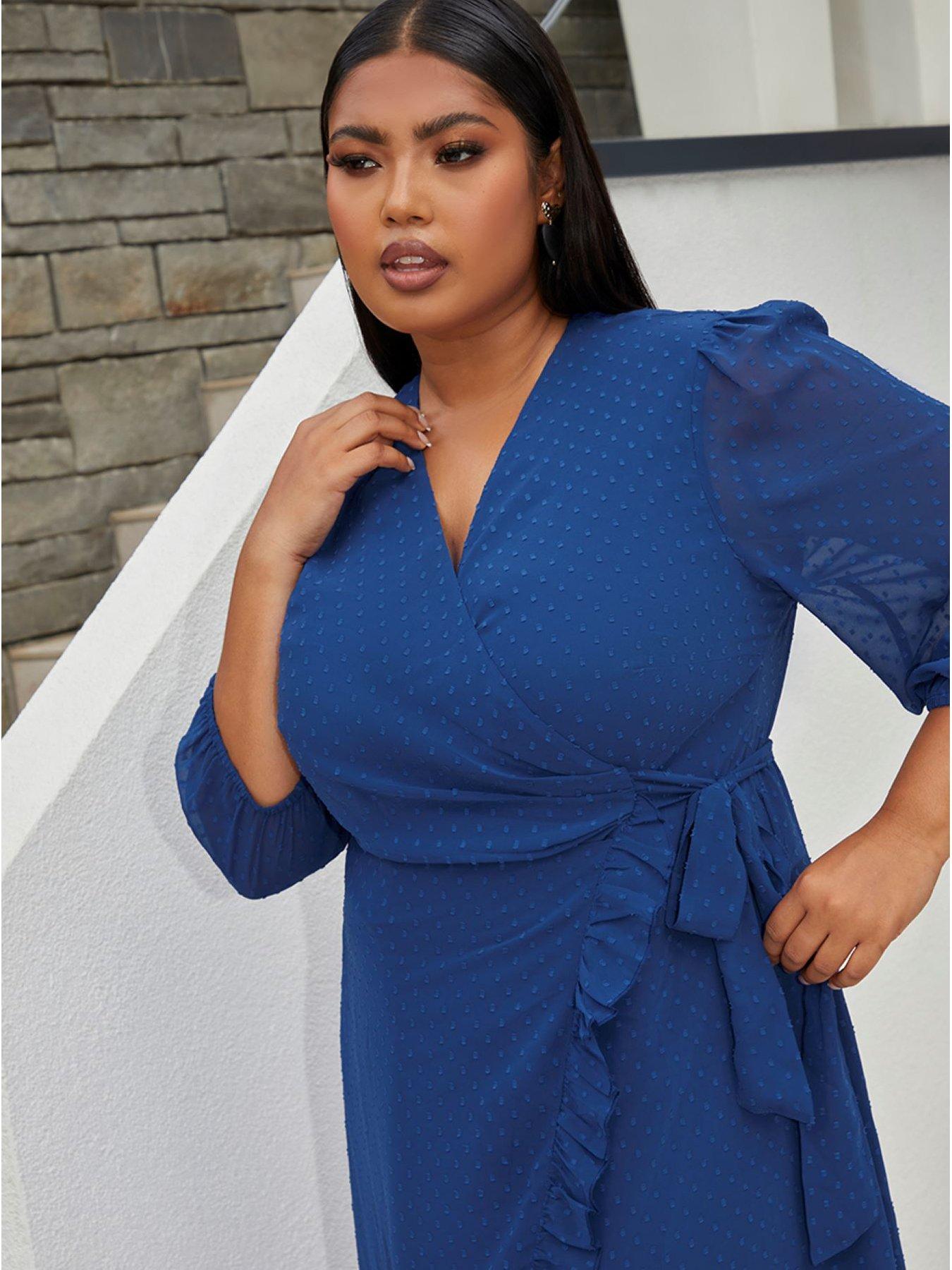 Plus Size Short Sleeve Dobby Wrap Midi Dress in Cobalt