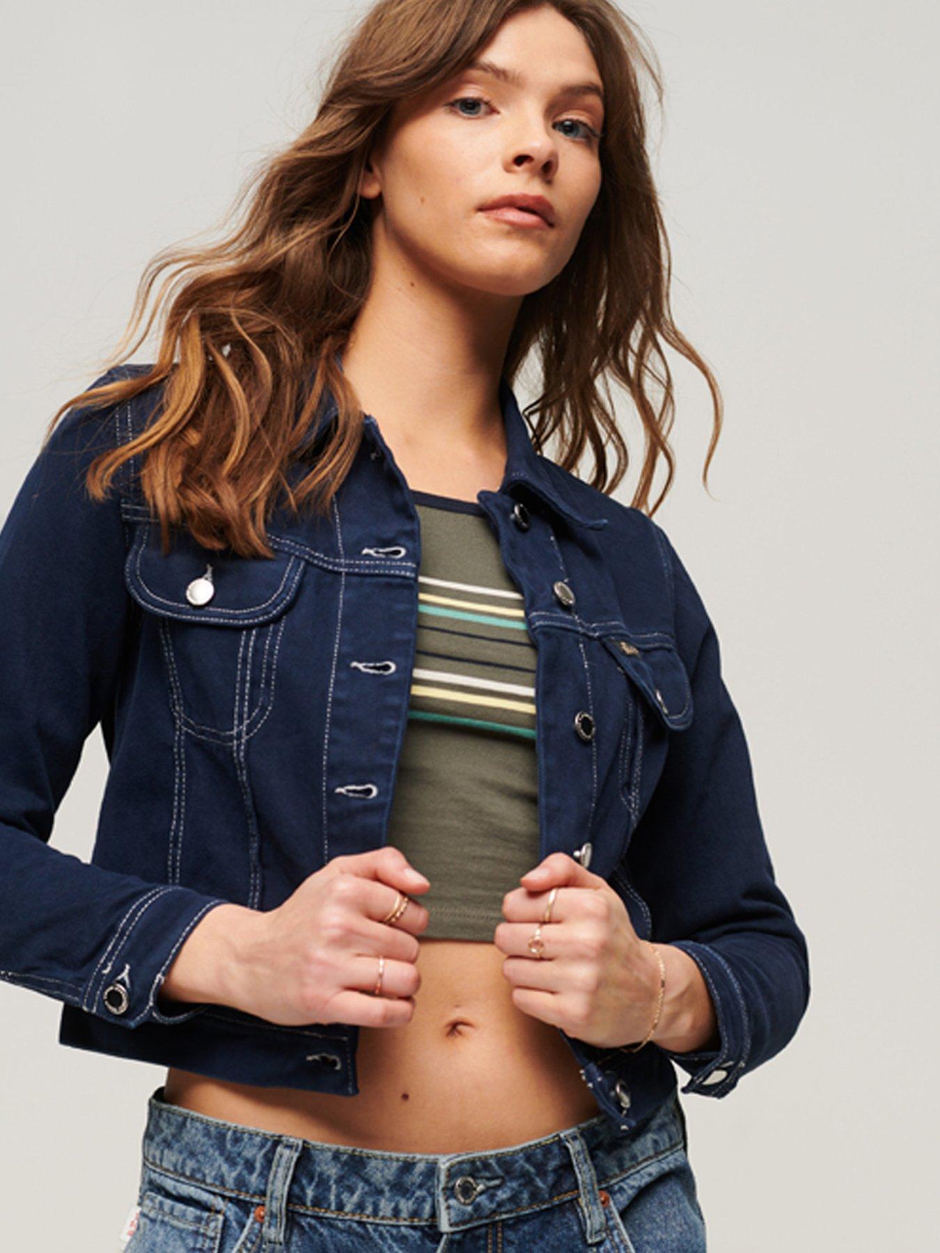 Michelle Keegan Cropped Denim Bomber Jacket Acid Wash littlewoods