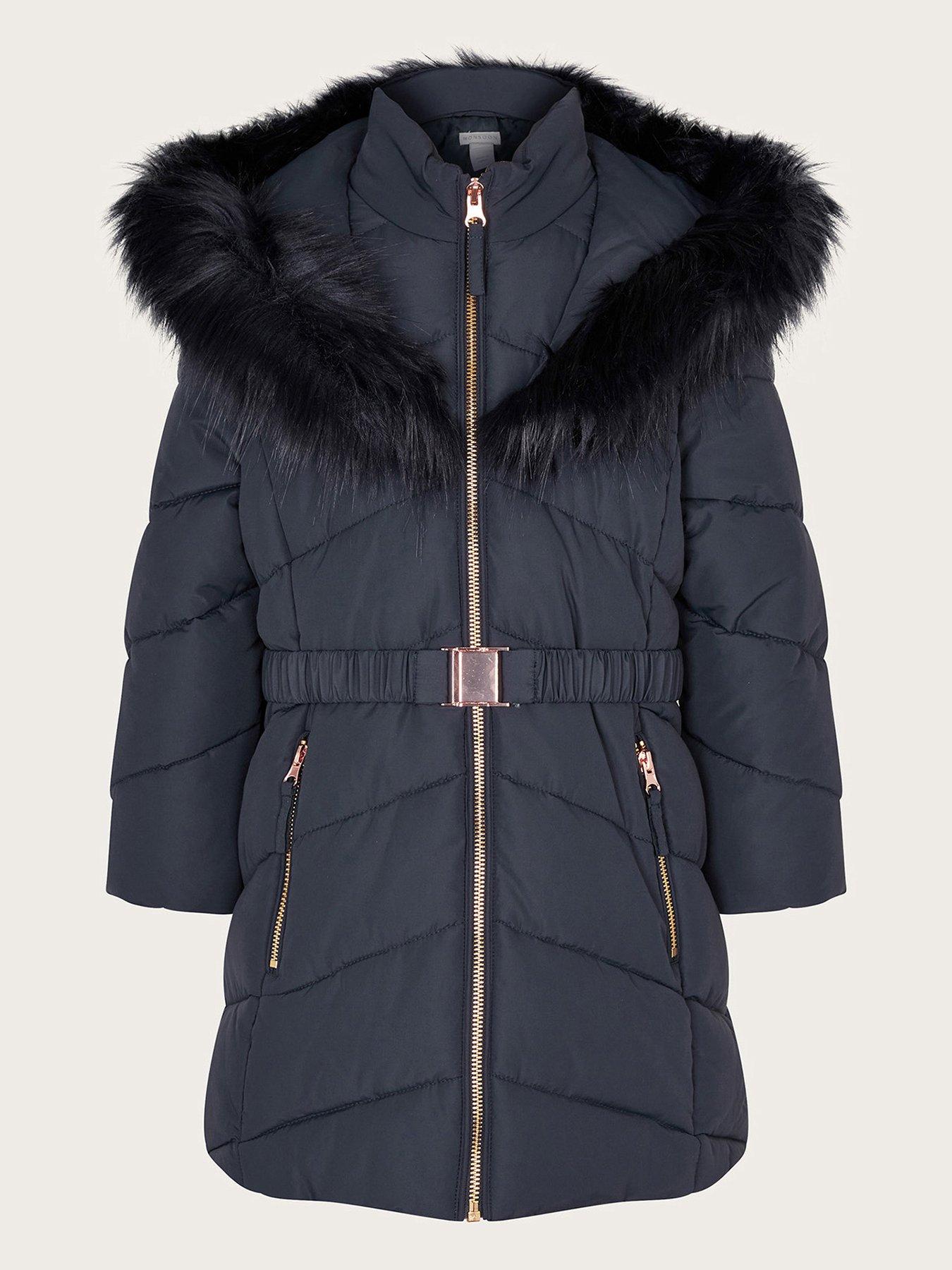 Monsoon Girls Belted Faux Fur Hood Padded Coat Navy