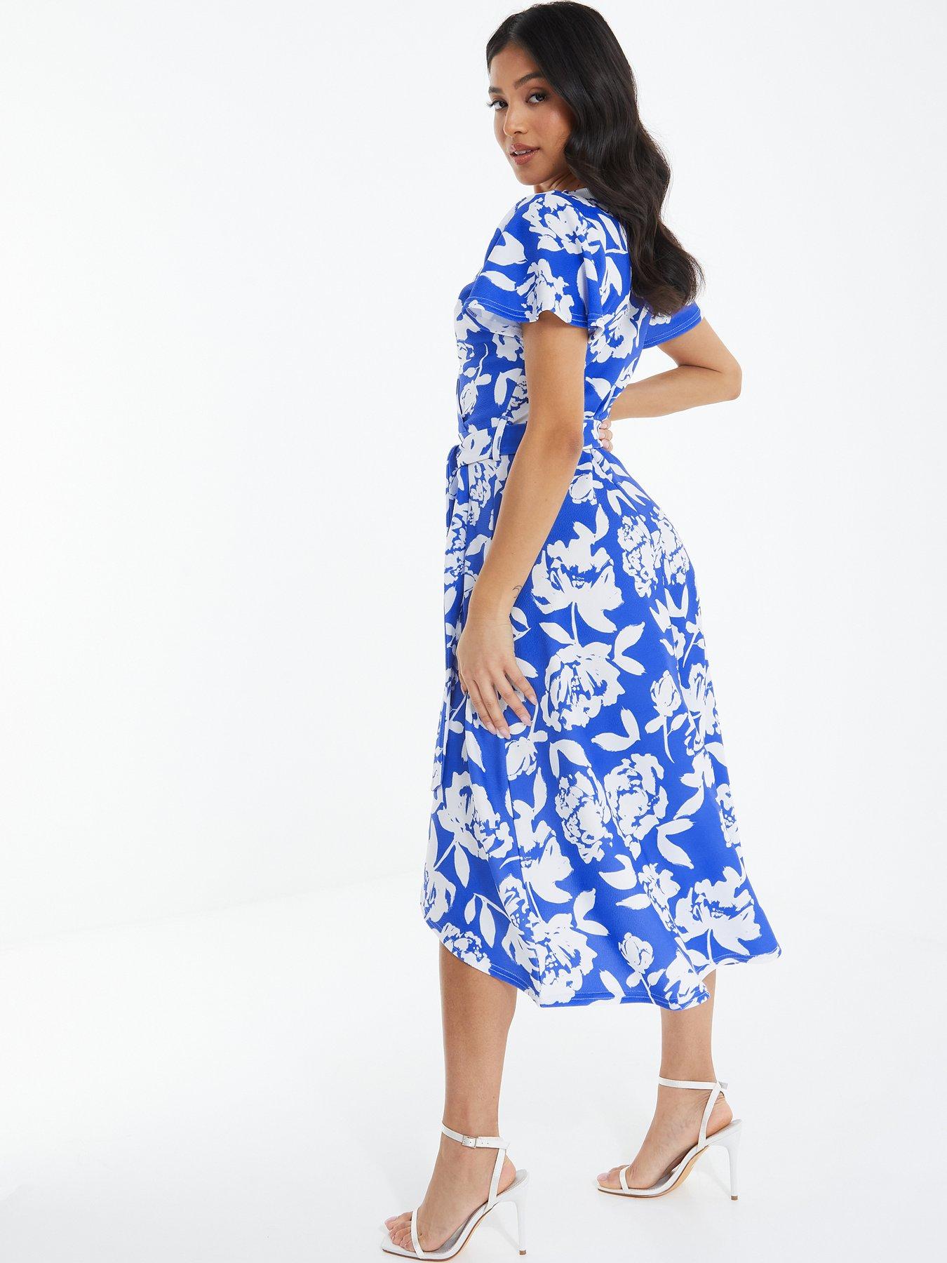 devil in a blue dress themes Blue Floral Midi Summer Dress with Short Puff Sleeves– PromGirl