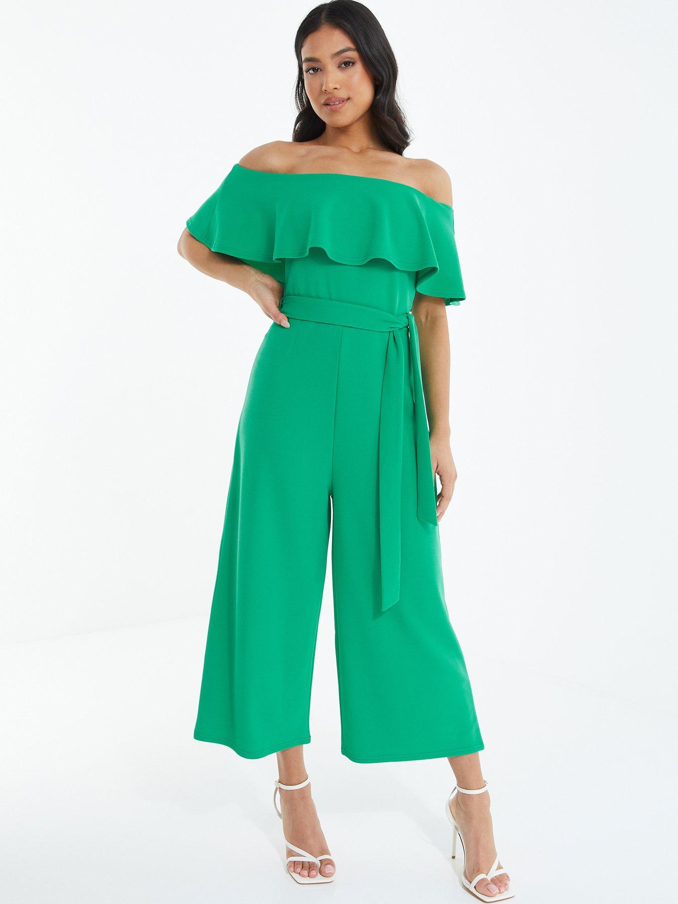 Quiz Petite Jade Green Bardot Frill Culotte Jumpsuit littlewoods