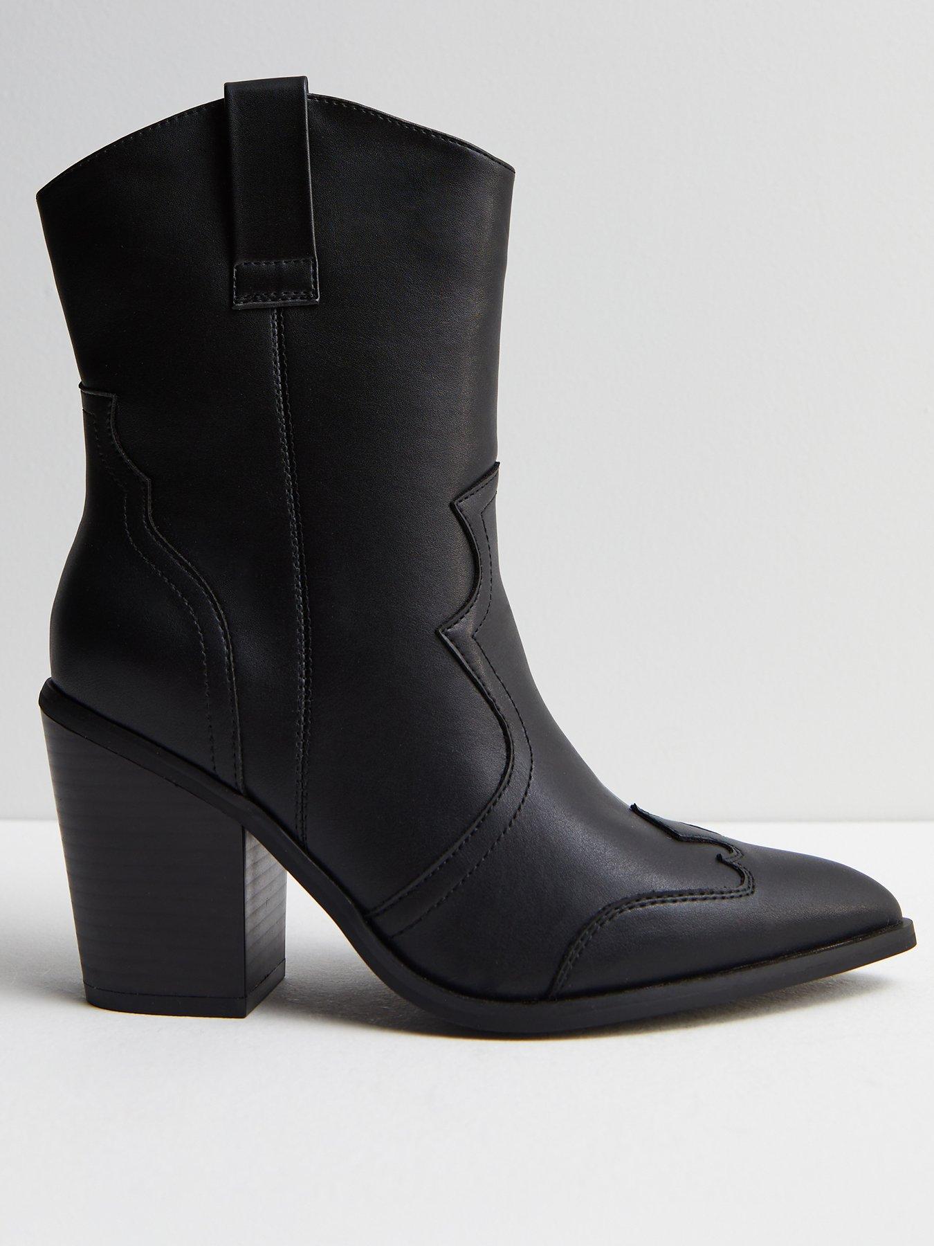 Black Leather Look Block Heel Cowboy Boots