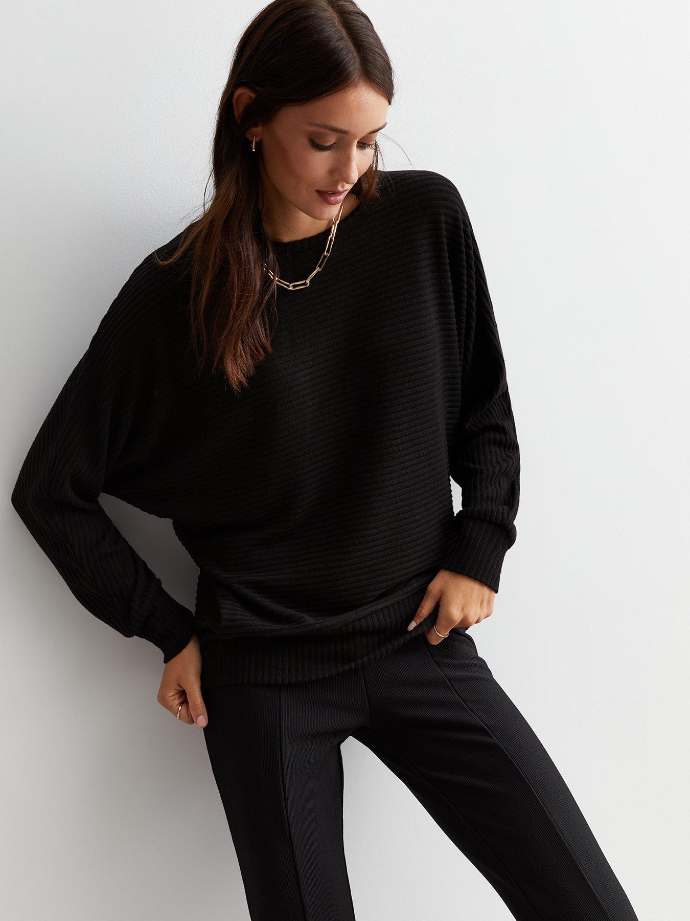 Black Ribbed Knit Batwing Top