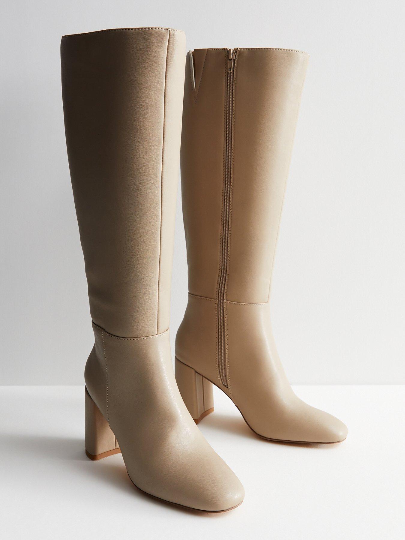 Block heel stretch knee high cheap boots