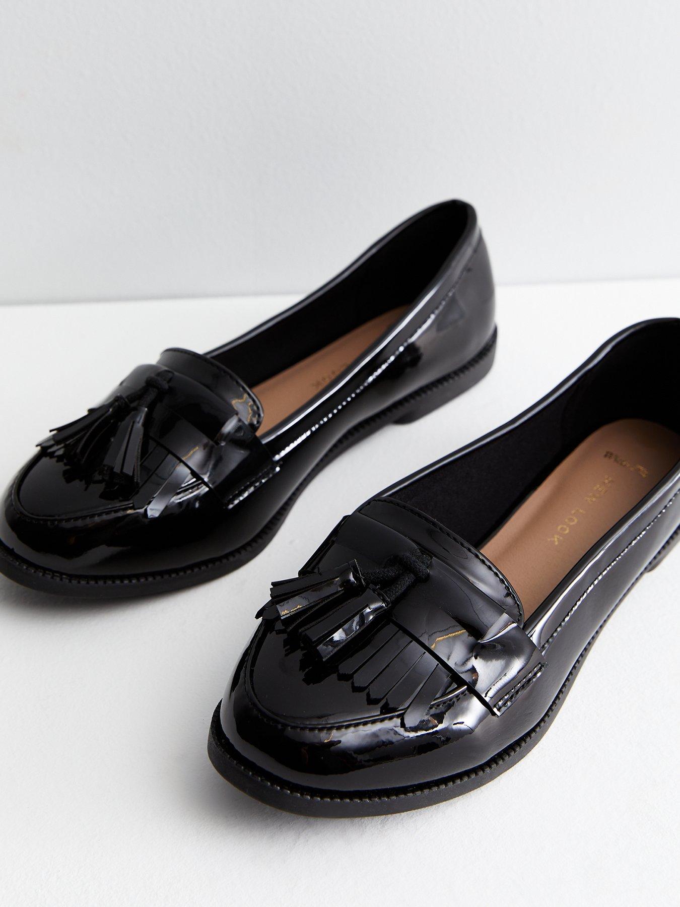 Wide Fit Black Patent Tassel Trim Loafers