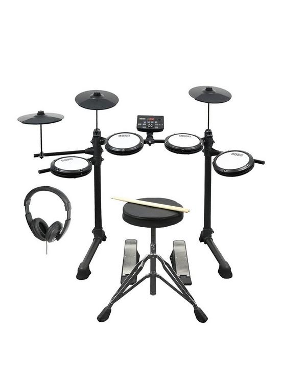 front image of axus-electronic-digital-drum-kit-package-with-stool-sticks-and-headphones
