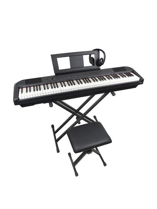 front image of axus-88-key-portable-digital-piano-package-in-black-with-stand-headphones-and-bench